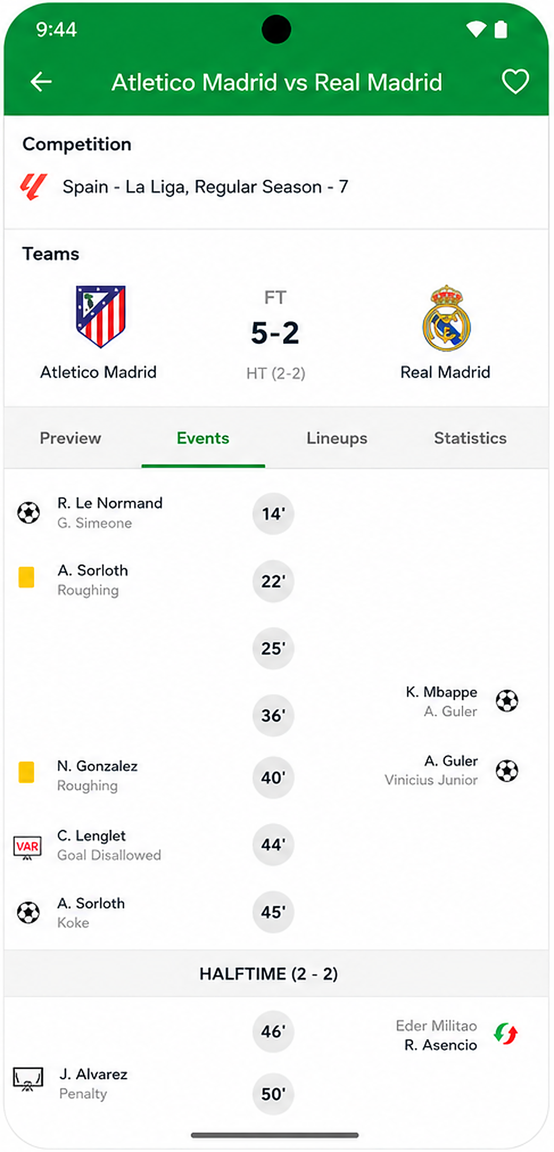 Live Events screen in the Fixtures Hub mobile app