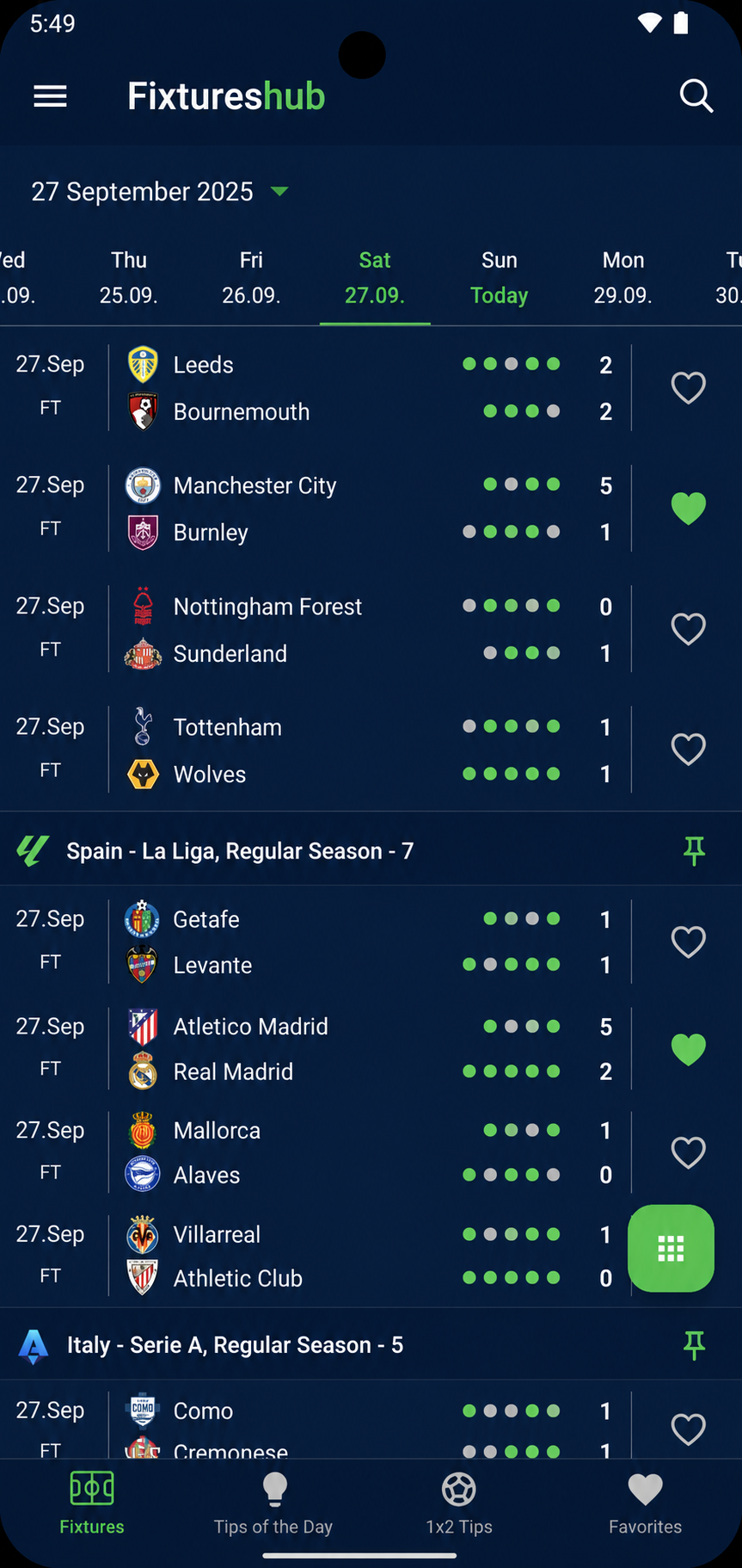 Fixtures Hub mobile app using dark mode