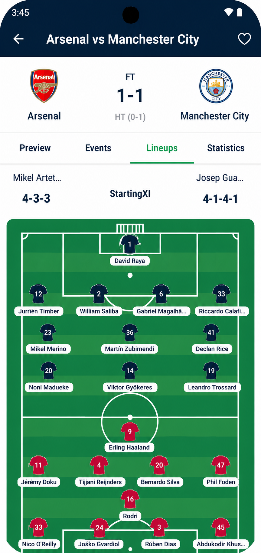 Team Lineups screen in the Fixtures Hub mobile app